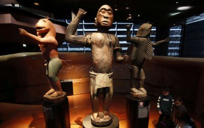Three large royal statues of the Kingdom of Dahomey are displayed at the Quai Branly Museum in Paris